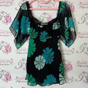 Hot options Floral flowers Black and Green Women's Top lace Lacie belted bow